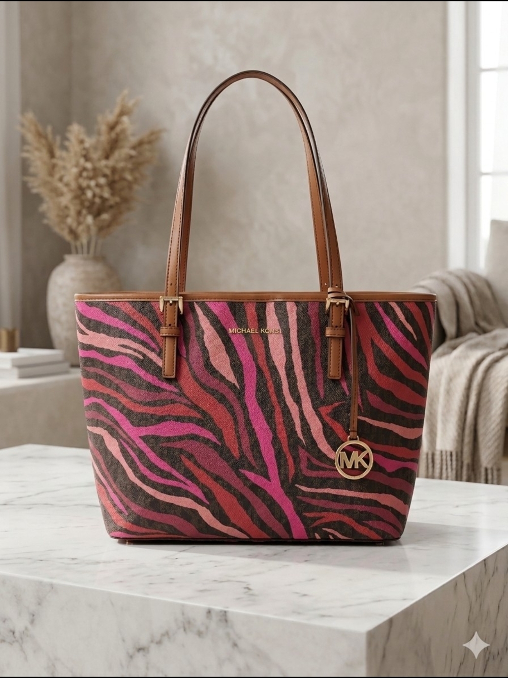 Michael Kors Jet Set Charm Medium Carryall Tote Zebra Pink Brown Multi (NWT) - Picture 3 of 8